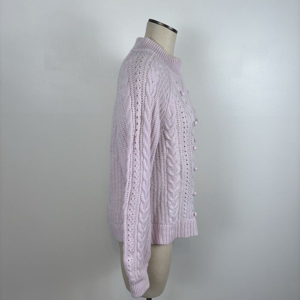 J Crew Pom Pom Cable Knit Mock Neck Sweater VTG Lilac Womens L Azra Wool Blend - Picture 6 of 9